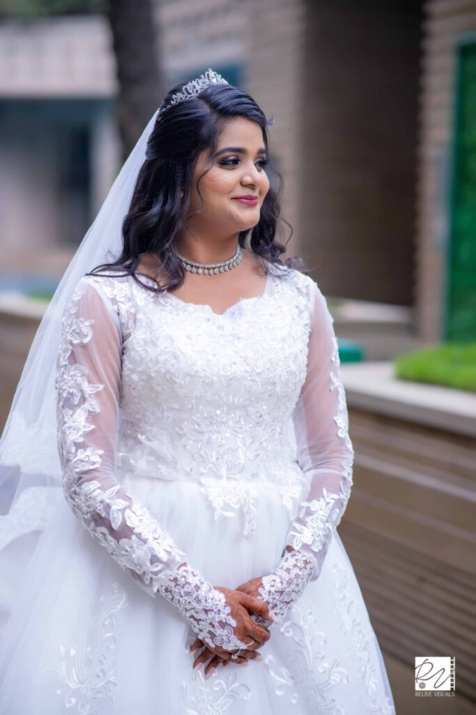 "Christian bride in a white gown, radiating grace and elegance on her wedding day."
