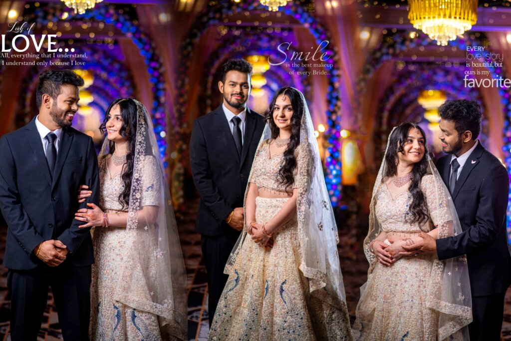 Bride and groom posing together inside a decorative photo frame during their wedding shoot
