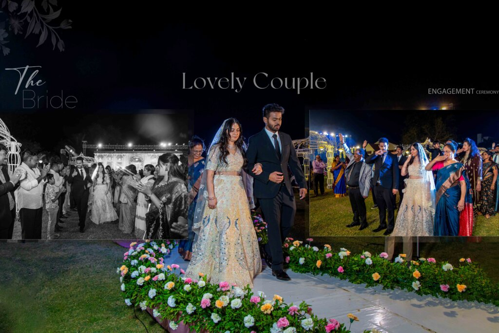 Bride and groom walking hand in hand during their reception celebration