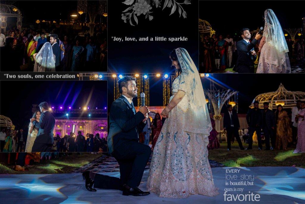 Groom kneeling down and proposing to the bride during the wedding celebration