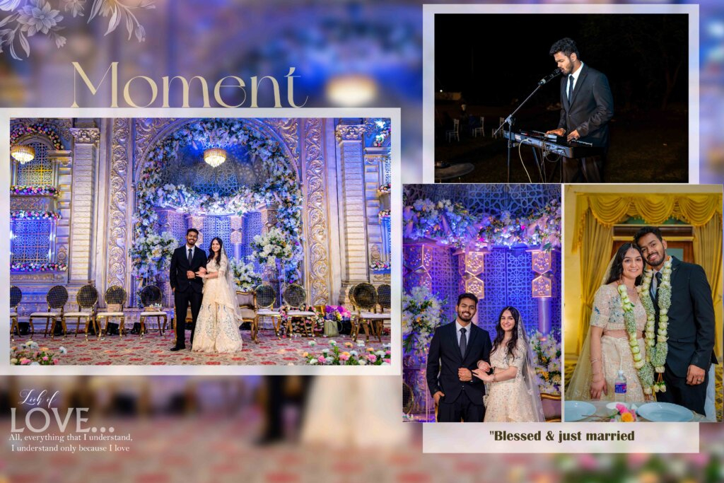 Bride and groom standing together at the center of the wedding stage for a portrait