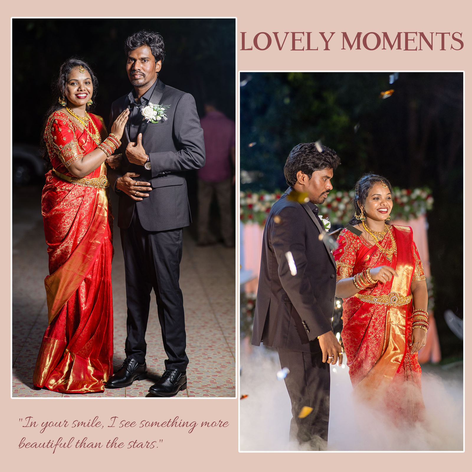 Bride and groom standing side by side, smiling for a classic wedding portrait.